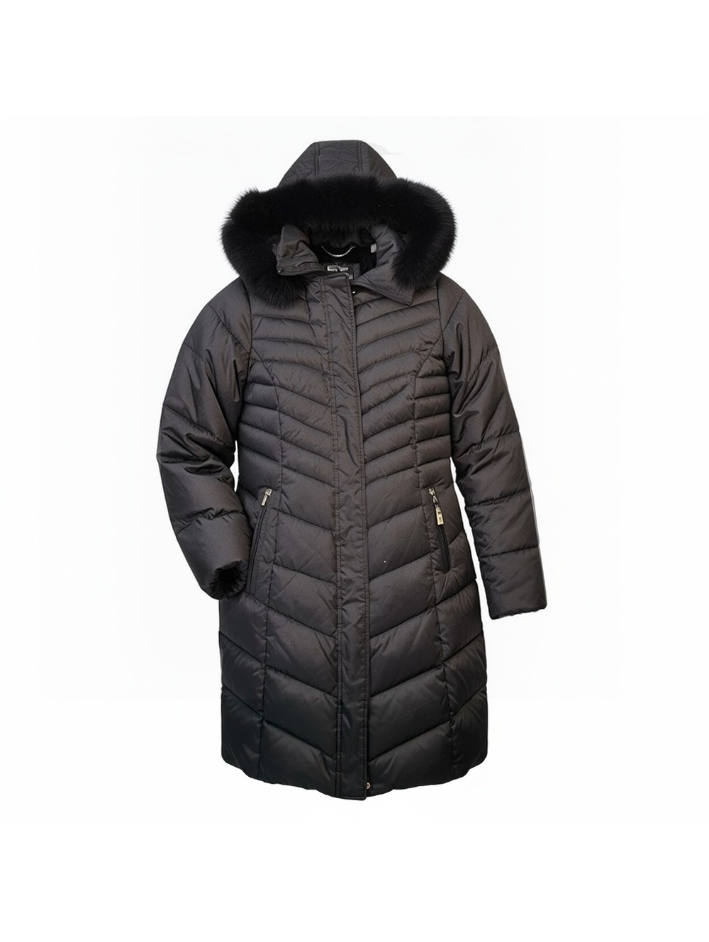 Ellen Tracy Black Quilted Long Puffer Coat with Faux Fur-Edg